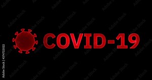 Coronavirus COVID-19 concept written word text heading with infected virus red characters and bacteria icon over black background. 4096x2160 4k DIC prores. Loop able seamless cycle video animation. Stock Video