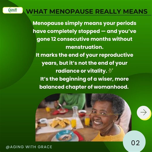 👑 Menopause is your body’s way of saying: You’ve entered wisdom. This is your time to thrive with balance, joy, and serenity. Live Aging with Grace — strong, radiant, and fulfilled. 🌸 👑 By Pastor (Mrs.) Ngozi Achonwa Founder, Aging with Grace Nutrition 📞 234 703 515 1642 | AGING WITH GRACE