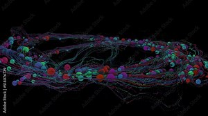 4k animation - abstract particle background with depth of field, glow sparkles of lights and digital elements. Wave particles form lines and lines form curve surfaces like space rings