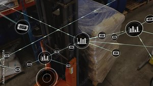 Warehouse logistics and inventory management animation over forklift and pallet