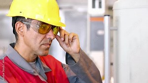 Machine Operator in Protective Workwear Uses Control Panel and Programmes the Machine. Portrait of a Worker in Safety Helmet and Goggles. Worker Entering Data in CNC Machine.