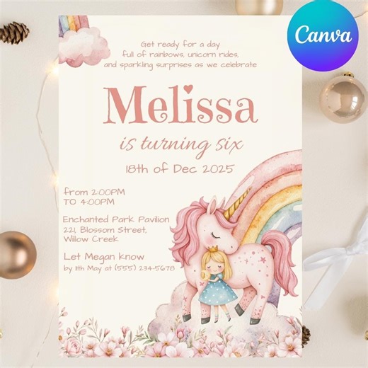 Unicorn Birthday Invitation: Editable Canva Template, Magical Rainbow Unicorn Party Invite - Etsy