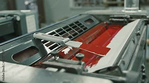 Polygraphy printing industry - red paint on ink roller, close up