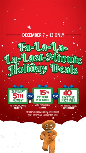 Last minute holiday deals have never been better! Pick which deal works best for you! 🎁 Skip every 5th payment 🎁 15% payment reduction 🎁 $10 pays your first week Link in the comments below. #RentACenter #Furniture #Appliances #Electronics #AshleyFurniture | Rent-A-Center