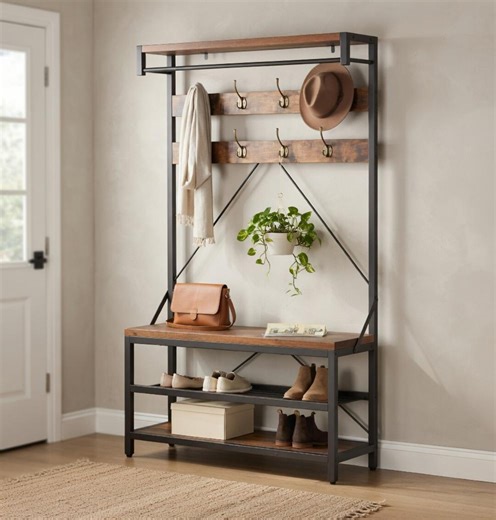 Industrial Hall Tree Coat Rack with Bench, Shoe Storage, Entryway Organizer with Hooks, Rustic Wood Metal Hallway Furniture, Mudroom Storage