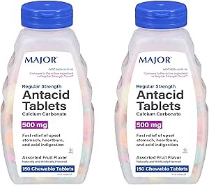MAJOR Regular Strength Antacid Tablets - Calcium Carbonate 500 mg - Assorted Fruit Flavor - 150 Chewable Count (2 Pack)