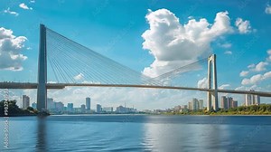 Time-lapse video showcasing engineering marvels in urban settings, showing a contemporary suspension bridge crossing a broad river against the backdrop of the city skyline.