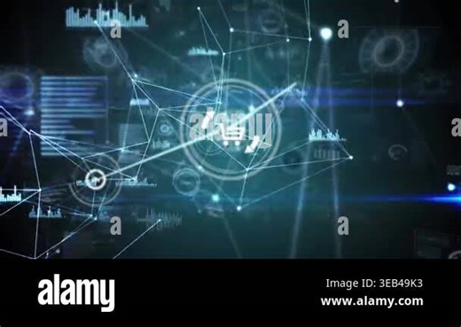 Animation of connected icons and dots, graphs, circles, globe and programming language. Digitally generated, hologram, illuminated, illustration, report, coding, machine learning and technology Stock Video Footage - Alamy