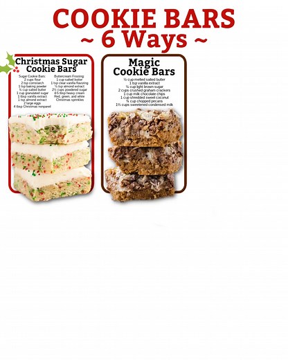 Baking day just got sweeter! Try these 6 crowd-pleasing cookie bar recipes everyone will love. 💛 INGREDIENTS 💛 Christmas Sugar Cookie Bars Sugar Cookie Bars 2 cups all-purpose flour 2 teaspoons cornstarch 1 teaspoon baking powder ¾ cup salted sweet cream butter, softened 1 cup granulated sugar 1 tablespoon pure vanilla extract 1 teaspoon almond extract 2 large eggs, room temperature 4 tablespoons Christmas nonpareil sprinkles (red, green and white) Buttercream Frosting 1 cup salted sweet cream