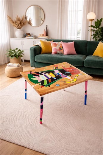 Colorful Side Coffee Table, Handmade Abstract Resin Wood Art - Etsy