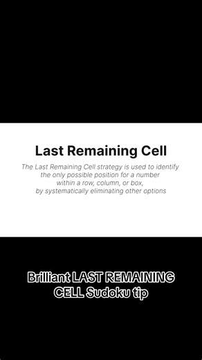 Brilliant LAST REMAINING CELL Sudoku tip Unlock the power of the Last Remaining Cell strategy and take your Sudoku skills to the next level! In this video, we break down how to spot and solve the final cell in any puzzle — a simple yet powerful technique that even pros use to speed up their solves. ✅ Perfect for beginners and intermediate players ✅ Visual walkthrough with real puzzle examples ✅ Tips to avoid common mistakes ✅ Boost your logic and pattern recognition 🎯 Whether you're stuck on a 