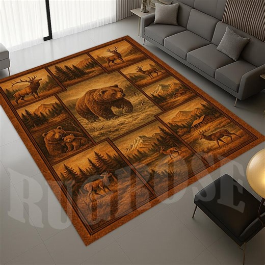 Vintage Style Bear and Deer Area Rug, Nature Themed Home Decor - Etsy