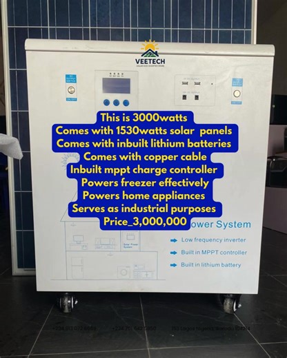 ⚡Power meets reliability with Veetech’s 3000W Lithium Solar Inverter! • 1,530W high-efficiency solar panels ☀️ • Inbuilt lithium batteries for long-lasting performance 🔋 • Copper cable & MPPT charge controller included 🔌 • Powers freezers, home appliances & supports light industrial use 🏠🏭 💰 Price: ₦3,000,000 – Invest once, enjoy power for years! Switch to Veetech — where solar meets strength! #VeetechSolar #3000WInverter #SolarPower #HomeEnergySolution #IndustrialSolar #LithiumInverter #So