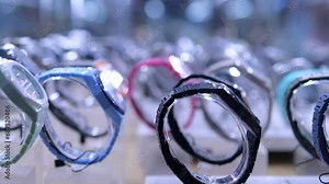 Closeup store window displaying latest watch models. Bright, creative watches displayed next to minimalist clocks. Thoughtful design of watch case will not leave connoisseurs of style indifferent