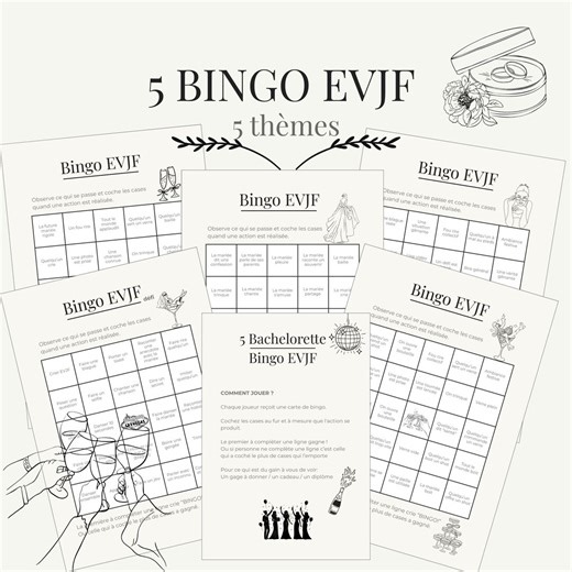 Jeux EVJF Bingo à Imprimer, Pack 5 Cartes Bingo Enterrement Vie Jeune Fille, Jeux Mariage, Animation EVJF, Jeu Soirée Fille PDF - Etsy France
