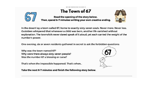 21K views · 105 reactions | Writing Prompt: The Town of "67" Link Here: https://briantolentino.com/writing-prompt-the-town-of-67/ | Tolentino Teaching | Facebook