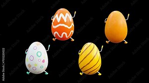 Easter Day, Happy Easter, eggs Dancing, 3d rendering, Animation Loop composition 3d mapping cartoon, included in the end of the clip with Alpha matte.