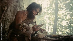Primeval Caveman Wearing Animal Skin Holds Sharp Stone and Makes First Primitive Tool for Hunting Animal Prey, or to Handle Hides. Neanderthal Using Handax. Dawn of Human Civilization Stock Video