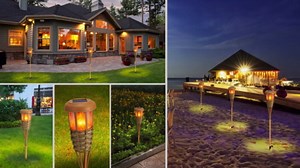 Solar Torch Light with Flickering Flame, 4 Pack Waterproof Bamboo Torches Hand-Woven Rattan Solar Tiki Torches for Outside Patio Yard Garden Lawn (Black-4 Pack)