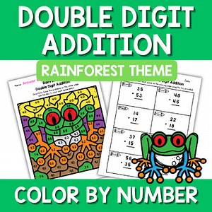 Double Digit Addition Color by Number Rainforest Tree Frog Math Center Station