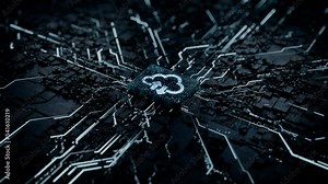 Data storage Technology Concept with cloud symbol on a Microchip. White Neon Data flows from the CPU across a Futuristic Motherboard. Seamless Loop.