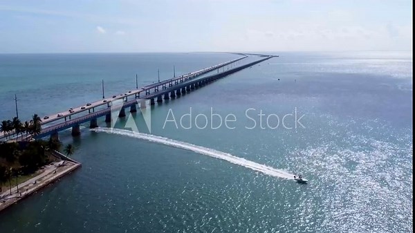 Aerial shot of the Seven Mile Bridge in Florida which connects several of the Florida Keys on the way to Key West. Florida Keys 2025 drone shots flying over new Seven mile bridge