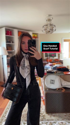 This scarf look can be done with one hand and completed in a just a few seconds flat! It’s one of those looks that feels very polished and is so easy. I like to balance this look with scarf that feel non traditional to add some interest and this is one of the more unusual ones in my collection. It’s called Hermès “Metamorphoses” by Philippe Dumas in 2014.