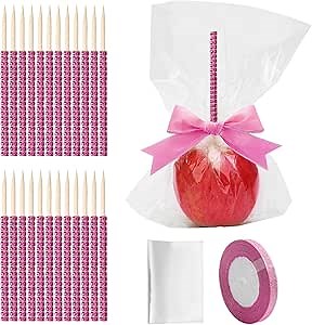 24P Candy Apple Stick Kit,Apple Rhinestone Bling Stick Wood Skewer | with 24P Bags/ 25 Yard Glitter Ribbon, for Caramel Lollipop Crispy Treat