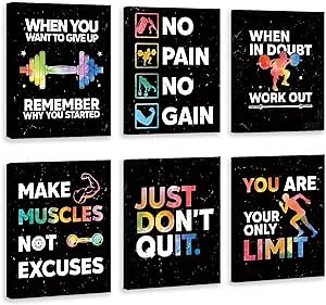 HLNIUC Motivational Wall Art - Inspirational Workout Room Decor Set of 6 (12''X16'', Framed) - Positive Canvas Art Print for Gym & Exercise Classroom
