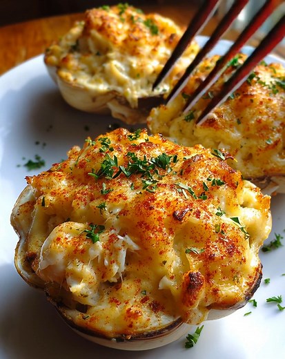 Creamy Baked Stuffed Clams 🐚✨ A golden, easy comfort meal with rich seafood flavor. 📝 Ingredients: 8 large clam shells (cleaned) 1 lb (450g) chopped clams or lump crab meat 3 tbsp butter 1 small onion, finely diced 2 garlic cloves, minced 1 cup breadcrumbs ½ cup mayonnaise ½ cup shredded mozzarella ¼ cup Parmesan, grated 1 tbsp lemon juice 1 tsp paprika Salt & black pepper, to taste Fresh parsley, chopped 🍴 How to prepare it: 1️⃣ Sauté the Aromatics Cook onion and garlic in butter for a best 