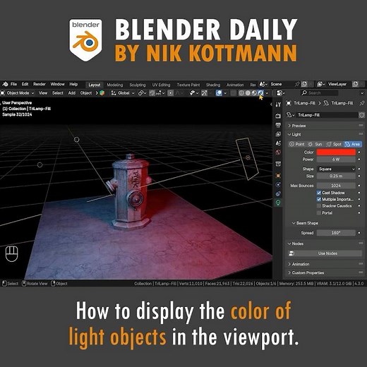 How to display the color of light objects in the viewport in Blender.