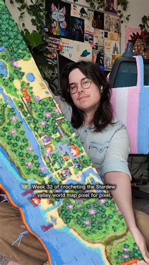 Jack Evil on Instagram: "Week 32 of crocheting the Stardew Valley world map pixel for pixel! #crochet #stardewvalley #transgender #fiberartist #handmade #pixelart #videogames"