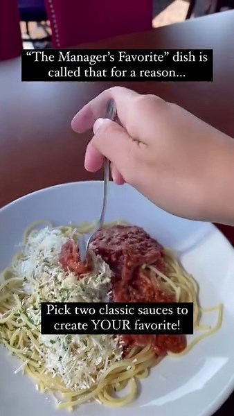 When you order The Manager’s Favorite it’s your time to shine! Get creative and choose 2 of our 5 classic sauces to make your perfect combination. Whether it’s Marinara, Rich Meat Sauce, White Clam, Mushroom Sauce, or Mizithra Cheese & Browned Butter, you can’t go wrong! Find a trolley near you at OSF.com 🚂🍝#oldspaghettifactory | The Old Spaghetti Factory