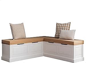 Tobin Natural & White Dining Nook with Hidden Storage Spaces Includes Beige Cushion Set and Pillows by Linon