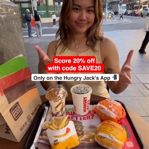 Want a good feed on a budget? 螺 Get 20% off ALL Hungry Jack's food when you order on the HJ's App.  Use the code SAVE20 to score 20% off your meal! | Hungry Jack's | Facebook