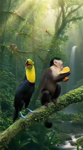 Toucan and Monkey Share Fruit in the Jungle – Cute & Heartwarming Wildlife Moment #animals #wildlife