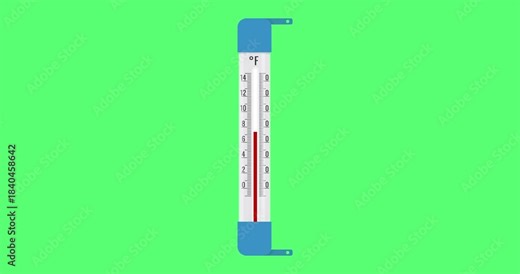 Fahrenheit thermometer temperature rising animation on green screen. 2D animation of outdoor thermometer with red liquid rising to the top