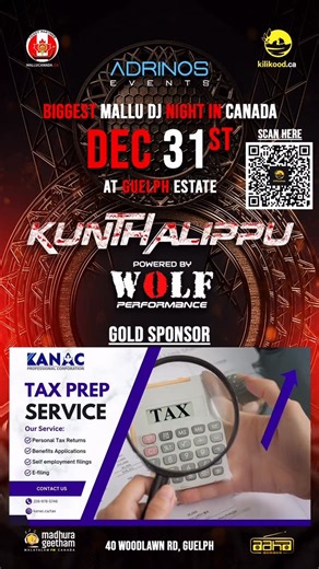 ADRINOS on Instagram: "🥇 GOLD SPONSOR SPOTLIGHT 🥇 We’re proud to present KANAC Professional Corporation as the Gold Sponsor of KUNTHALIPPU – Biggest Mallu DJ Night in Canada 🇨🇦! 🔥 From personal tax returns to self-employment filings, benefits applications & e-filing, KANAC has your back this tax season with trusted, professional service you can rely on. 💼📊 Catch the vibe, feel the energy, and celebrate New Year’s Eve with us at Guelph Estate — powered by Wolf Performance 🐺⚡ 📅 Dec 31st �
