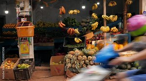 Indian street vendor with fresh vegetables and fruits along the road, Goa, India