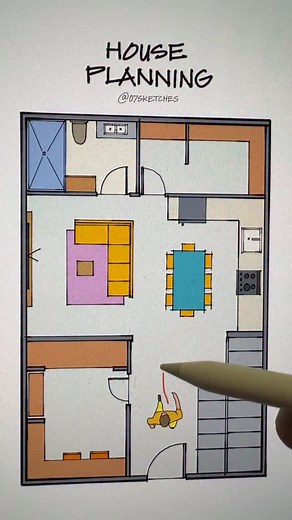 148K views · 9.3K reactions | Problem: Guests walk through the entire house to reach the bathroom, the entry shows the whole interior, the study room is oversized, and the sofa turns its back to the entrance. Solution: Create an enclosed foyer so the entry feels defined, divide the study into a compact office plus a nearby guest bathroom, and rotate the sofa with a slight TV shift to face both the entrance and the TV for a better flow. | 07sketches | Facebook