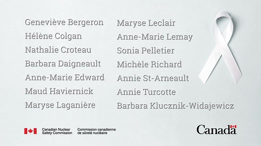 On December 6, 1989, 14 women were killed at École Polytechnique de Montréal simply for being women. On the National Day of Remembrance and Action on Violence Against Women, we mourn their loss, honour their memory and remember all victims of gender-based violence. We reaffirm our commitment to ending violence against women and girls and creating a safer world for everyone. | Canadian Nuclear Safety Commission (CNSC)