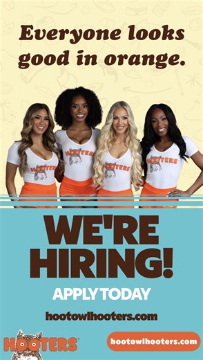 Your sign to join the orange–shorts crew. 🔥 Apply at HootOwlHooters.com | Hooters
