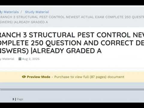 BRANCH 3 STRUCTURAL PEST CONTROL NEWEST ACTUAL EXAM COMPLETE 250 QUESTION AND CORRECT DETAILED ANSWE