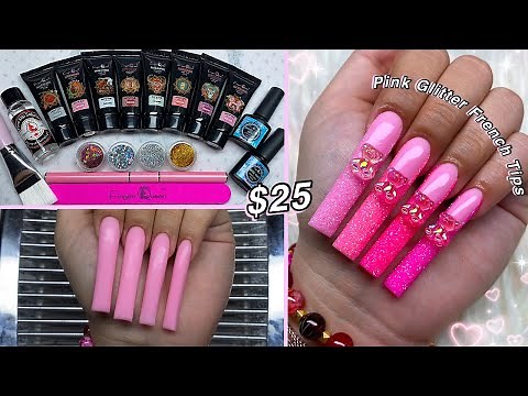 TRYING A HUGE $25 POLYGEL KIT FROM AMAZON! PINK GLITTER FRENCH TIPS! | Nail Tutorial