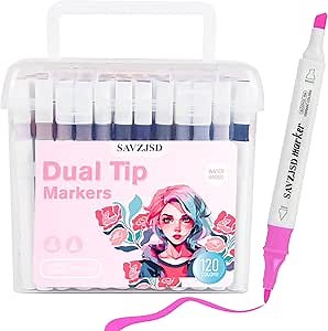 SAVZJSD [Water-Based Ink] 120 Colors Dual Tip Markers Set, Brush & Chisel Double Tipped Art Markers for Artists Adults Beginners & Artists in Coloring, Painting