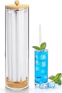 JYPS 13-Inch Acrylic Straw Dispenser with Bamboo Lid with 100 Colorful Straws, Transparent Counter Container Countertop Organizer for Kitchen, Office,Cabinet Storage, Holds Pencils, Cutlery