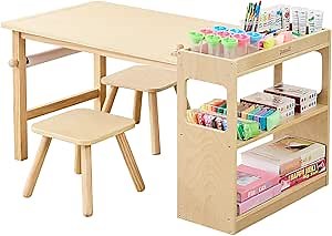 Bateso Kids Art Table & 2 Chairs with Roll Paper, Craft Table with Large Storage Shelves, Drawing Desk & Study Table, Rustic Wooden Furniture