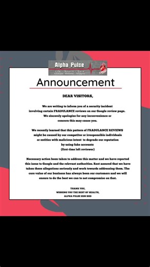 We are writing to inform you of a security incident involving certain fraudulent reviews on our Google review page. We sincerely apologise for any inconvenience or concern this may have caused you We recently learned that this pattern of fraudulent reviews might be caused by our competitor or irresponsible individuals or entities with malicious intent to degrade our reputation by using fake accounts(first-time reviewers) Necessary action has been taken to address this matter, and we have reporte