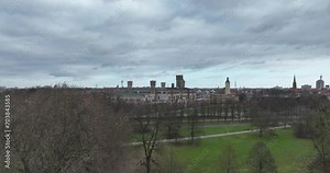 Leibniz University Hannover, Germany. Building exterior aerial drone view. Public research university. Historic building.