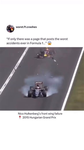 Worst Formula 1 Crashes on Instagram: "What the hell happened here? 🥶👇 Hulkenberg crashed out of the race at Turn 1 in the 2015 Hungarian Grand Prix, when his front wing failed at high speed, sending him into the tyre wall! Force India will investigate Hulkenberg’s failure, but the team’s chief operating officer Otmar Szafnauer reckons it was also caused by the kerbs. “We’re investigating how and why it failed and I think it’s got something to do with the unique inputs the car gets here over t